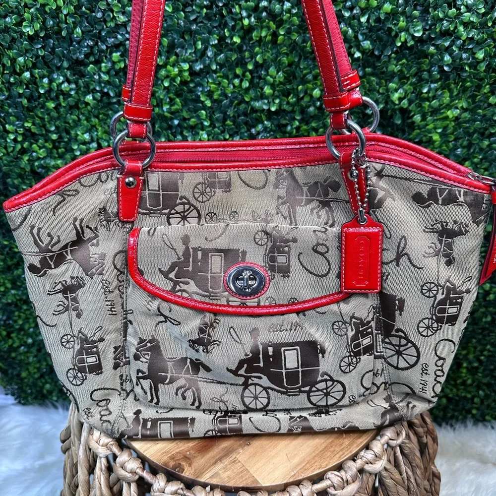 Coach Red and Brown Shoulder Bag with‎ horse and carriage Design vintage coach
